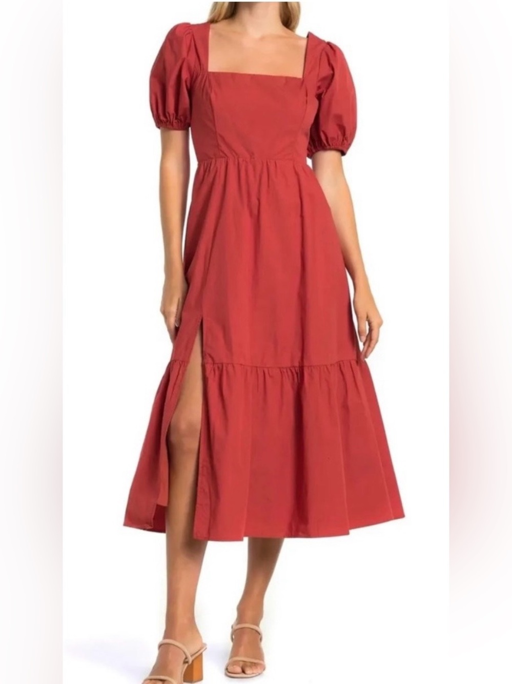 Astr The Label Poplin Puff Tiered Midi Dress Brick Color M Boho Cottagecore